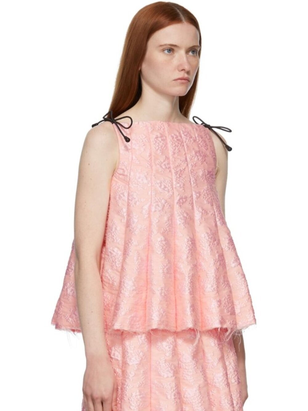 Shushu/Tong Pink Floral Jacquard Pleated Tie Strap Babydoll Top